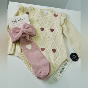 Nicole Miller Cream and Pink Heart Bodysuit with Bow Socks
